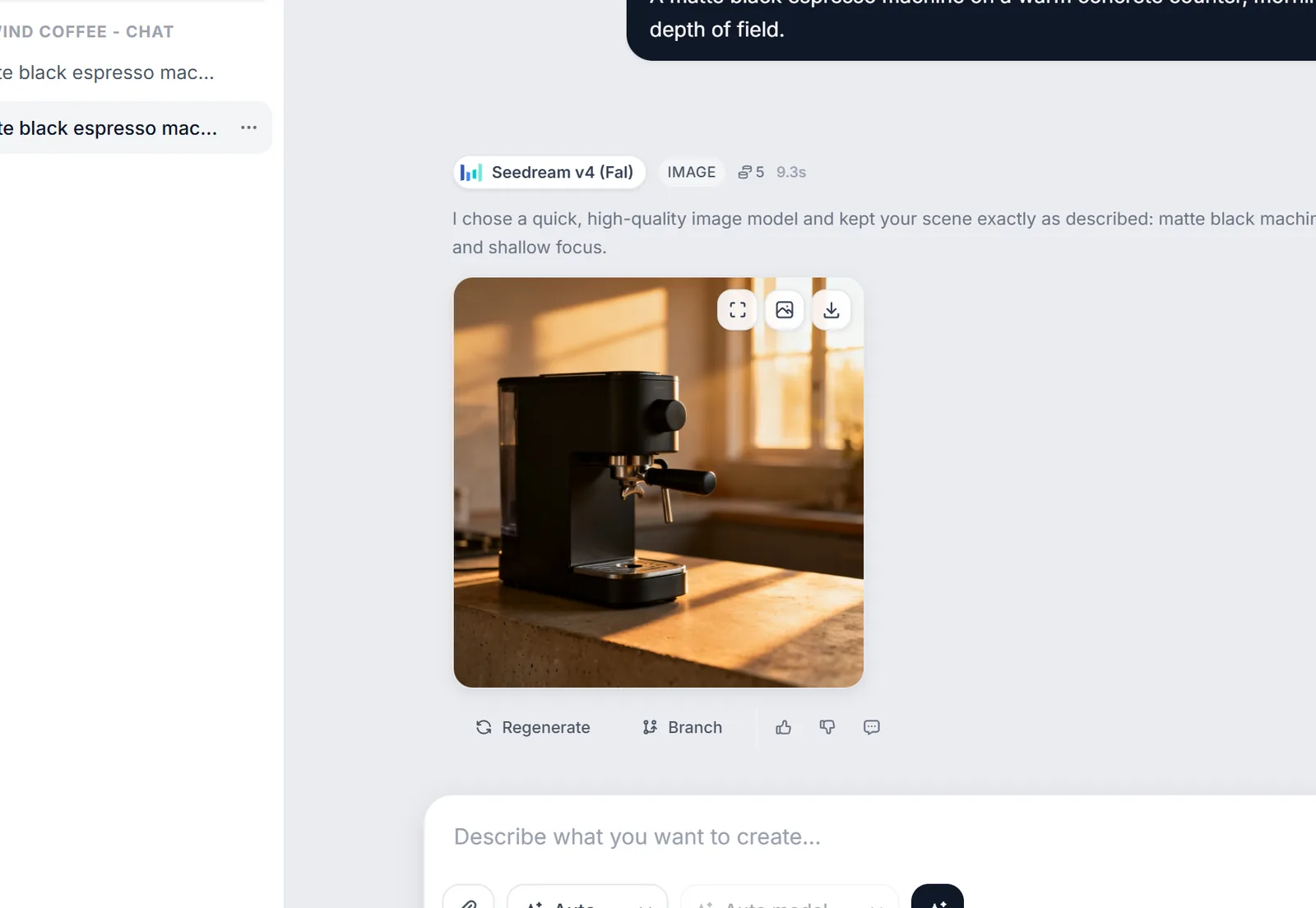 A finished result in the thread with its hover actions