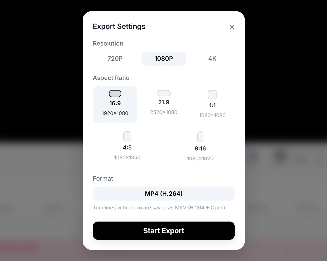 The export settings dialog