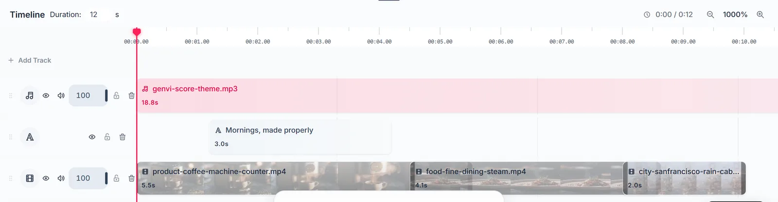 The composer timeline with video, text and audio tracks