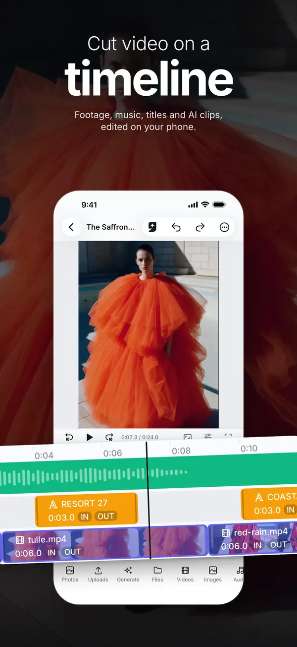 The Video Composer on a phone: a timeline with clips, titles and music